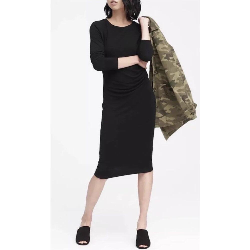Banana Republic Long Sleeve Side Ruched Midi Dress Size XL Black - Picture 4 of 9